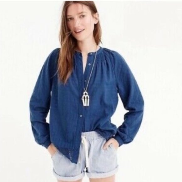 J. Crew Tops - J Crew Point Sur Blouse Peasant Shirt Womens Small Blue Long Sleeve Top